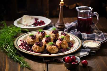 swedish meatballs with lingonberry sauce on a rustic wood table, created with generative aiの素材