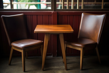 close up shot of two chair and table set in a coffee shop, created with generative aiの素材