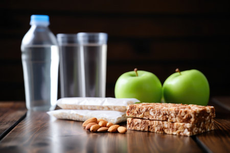 nutrition bars and water bottles on a table, created with generative aiの素材