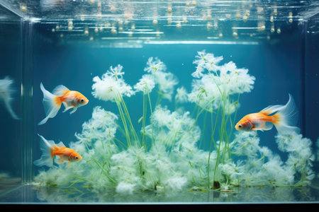 three goldfish swimming in a clear rectangular aquarium, created with generative aiの素材
