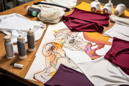 drawn athletic wear designs laid out on a table, created with generative aiの素材