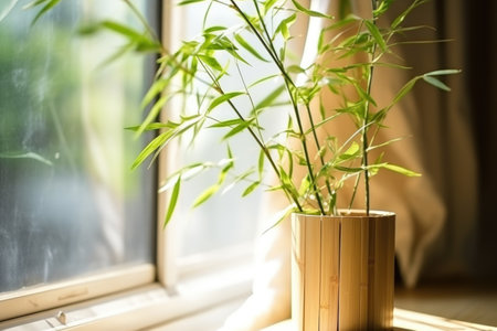 bamboo plant placed near a window with sunlight, created with generative aiの素材