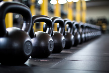 a variety of kettlebells lined up on the gym floor, created with generative aiの素材