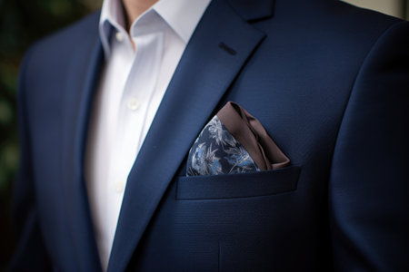 blue pocket square peeks out of a charcoal suit jacket, created with generative aiの素材