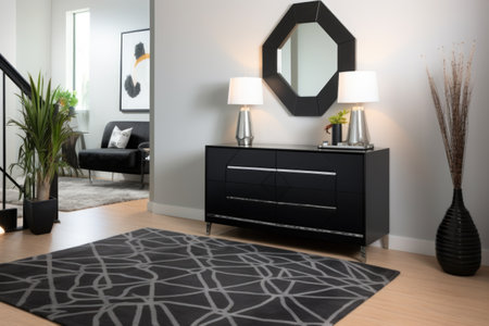 modern entryway with sleek black furniture and gray rug, created with generative aiの素材
