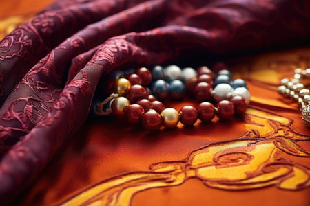 close-up of prayer beads on a silk cloth, created with generative aiの素材