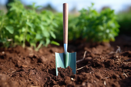 rust-free metal spade in freshly turned soil, created with generative aiの素材