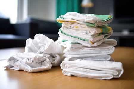pile of disposable diapers next to reusable diapers, created with generative aiの素材