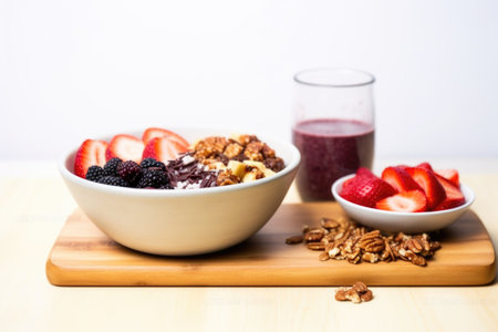 corner shot of acai bowl against a minimalist background, created with generative aiの素材