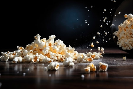 popcorn pieces scattering over a dark table surface, created with generative aiの素材