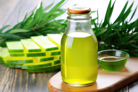 closeup of aloe vera juice in a bottle with plant pieces in foreground, created with generative aiの素材