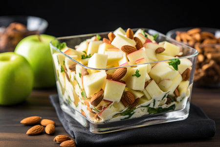 well-presented apple and almond salad in a square glass dish, created with generative aiの素材