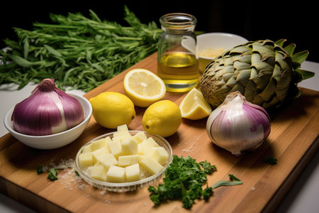 artichoke hearts arranged as ingredients for a pasta dish, created with generative aiの素材