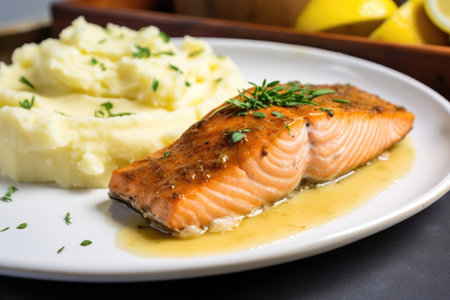 baked salmon with a side of mashed potatoes, created with generative aiの素材