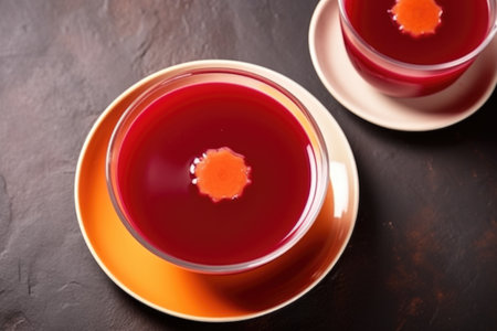 top view of beetroot and carrot juice in a cup with saucer, created with generative aiの素材