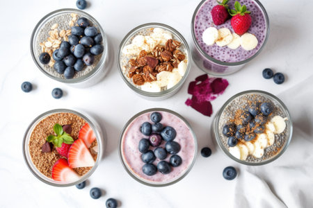 overhead shot of several parfaits, diverse in components but all including chia and blueberries, created with generative aiの素材