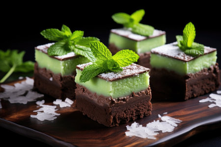 brownie squares with mint leaves on top, created with generative aiの素材