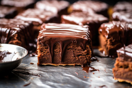 brownies with a shiny layer of chocolate ganache, created with generative aiの素材