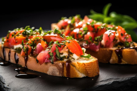 close-up of bruschetta garnished with oregano on a stone slab, created with generative aiの素材