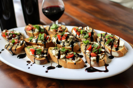 platter with goat cheese bruschetta and balsamic vinegar glaze, created with generative aiの素材