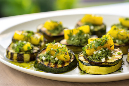 toasted bruschetta topped with pesto and charred summer squash, created with generative aiの素材