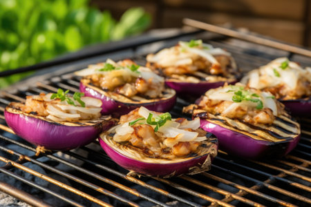 eggplant and onions piled on golden bruschetta on a grill grate, created with generative aiの素材
