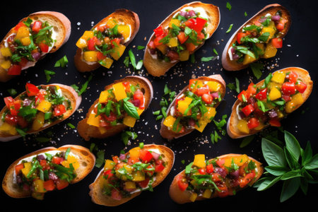 bruschetta arranged in a colorful pattern, lemon zest sprinkled, created with generative aiの素材