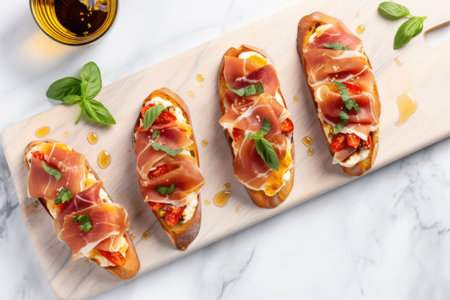 brightly lit overhead view of prosciutto bruschetta on a marble countertop, created with generative aiの素材