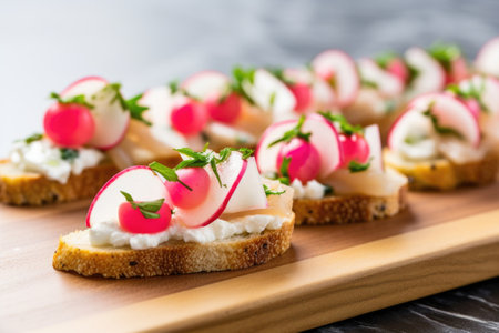 close-up of bruschetta topping with thinly sliced radish, created with generative aiの素材