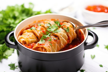 cabbage roll in a mini casserole dish with serving tongs, created with generative aiの素材