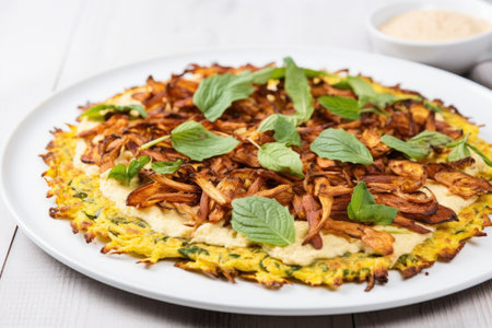cauliflower pizza, whole, on a white plate, created with generative aiの素材