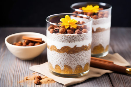 layered chia pudding with figs and honey in a glass, created with generative aiの素材