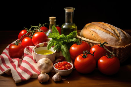 still life setup of ingredients for traditional tomato bruschetta, created with generative aiの素材
