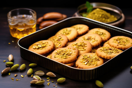 honey flavored cookies with pistachios in a metal tray, created with generative aiの素材