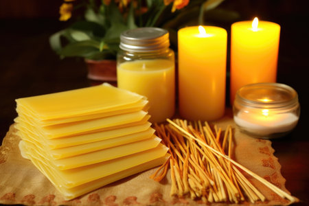 beeswax sheets and wicks prepared for candle making, created with generative aiの素材