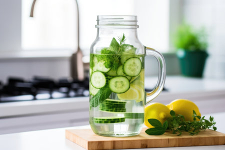 a jug of infused water with cucumber slices and mint leaves, created with generative aiの素材