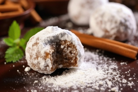 nut ball sprinkled with powdered sugar, close up, created with generative aiの素材