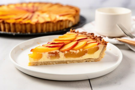 sliced peach tart on a white plate, created with generative aiの素材
