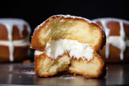 a split donut with cream filling oozing out, created with generative aiの素材