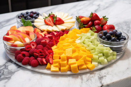 sliced fruits arranged as a salad on a marble countertop, created with generative aiの素材