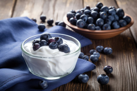 a bowl of yogurt with blueberries, showing a healthy diet, created with generative aiの素材