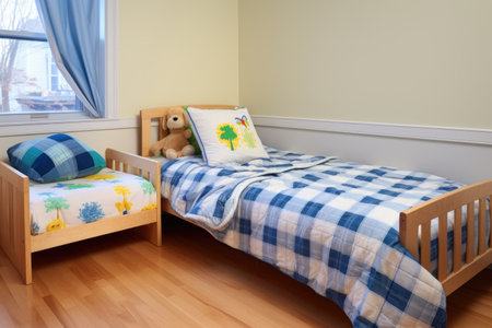 toddler-sized bed next to an adult-sized bed with matching bedding, created with generative aiの素材