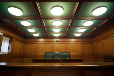 a courtroom witness box empty under ceiling lights, created with generative aiの素材