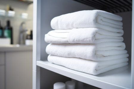 a white fluffy towel on a sanitarily cleaned rack, created with generative aiの素材