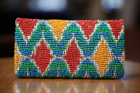 multicolored beaded clutch on a simple tablecloth, created with generative aiの素材