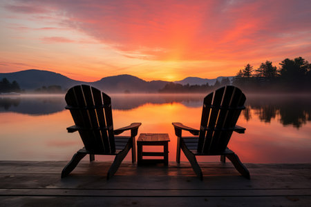 adirondack chairs facing a serene lake at sunrise, created with generative aiの素材