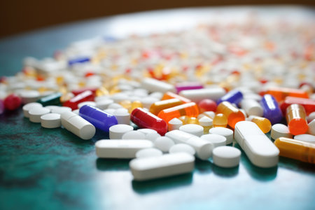 medication pills scattered across a counter, created with generative aiの素材