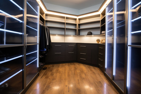 corner walk-in closet with led lighting, created with generative aiの素材