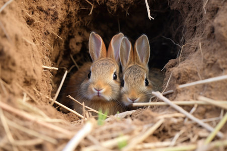 a pair of rabbits with baby bunnies in a burrow, created with generative aiの素材