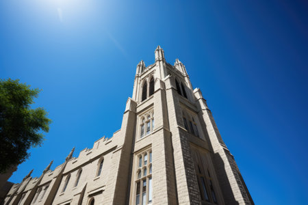 college building towering against a clear blue sky, created with generative aiの素材